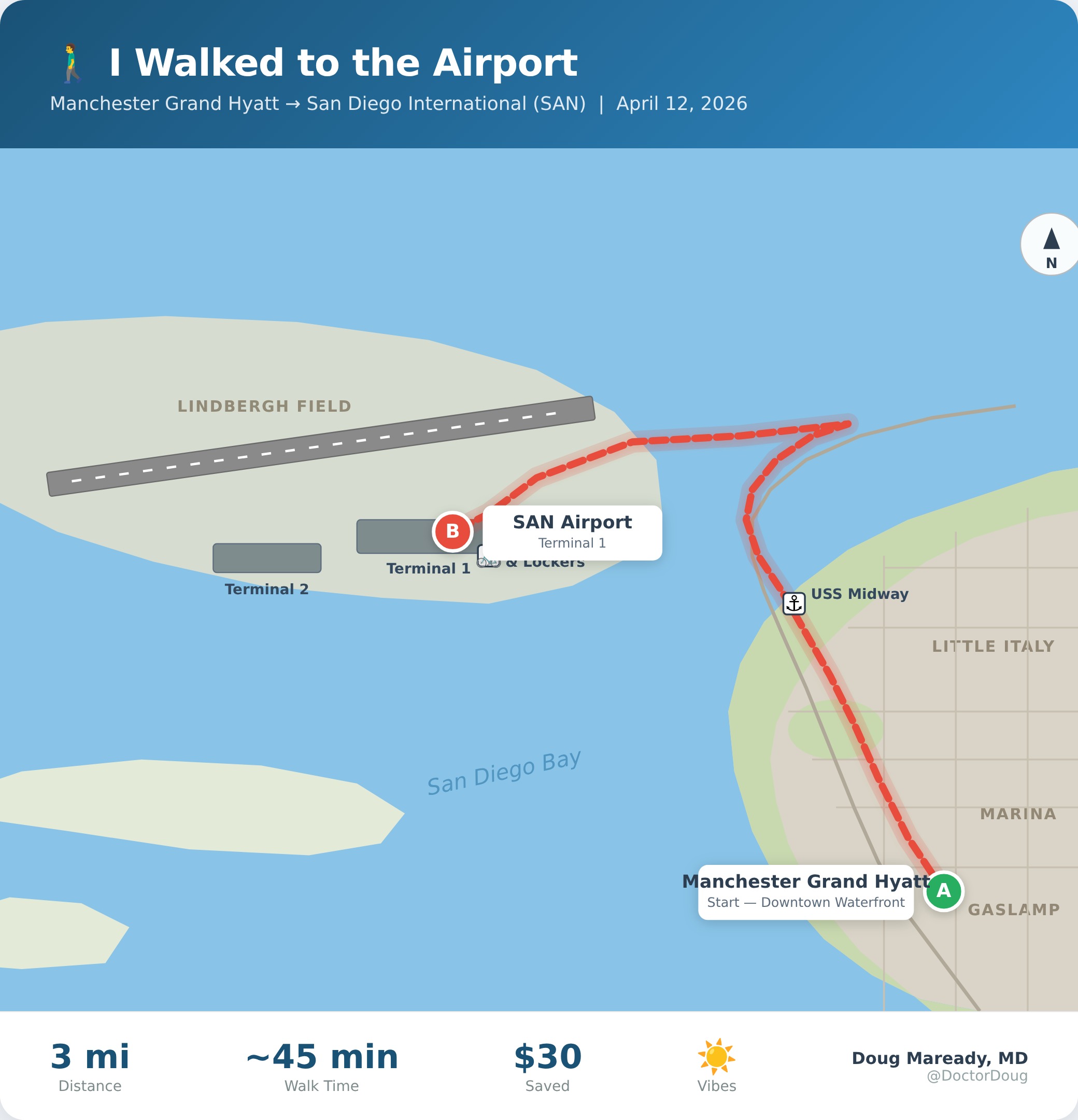 Hyatt to SAN walking route map