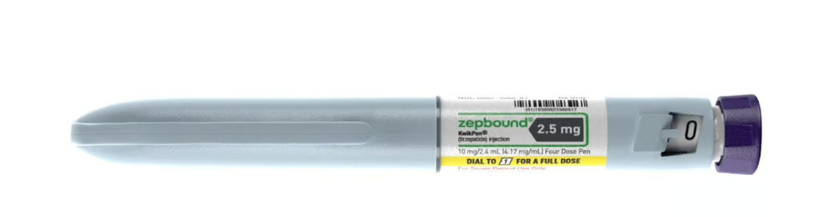 A capped Zepbound KwikPen 2.5 mg — a multi-dose tirzepatide injection pen.