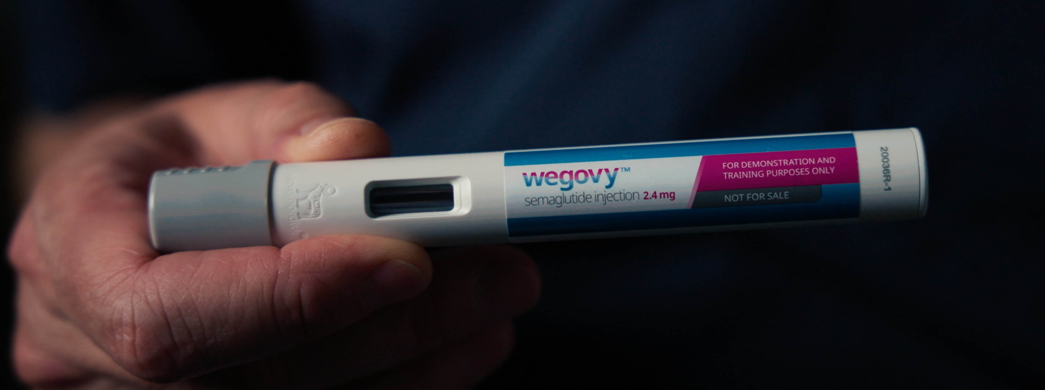 A hand holding a Wegovy (semaglutide) training demonstration pen